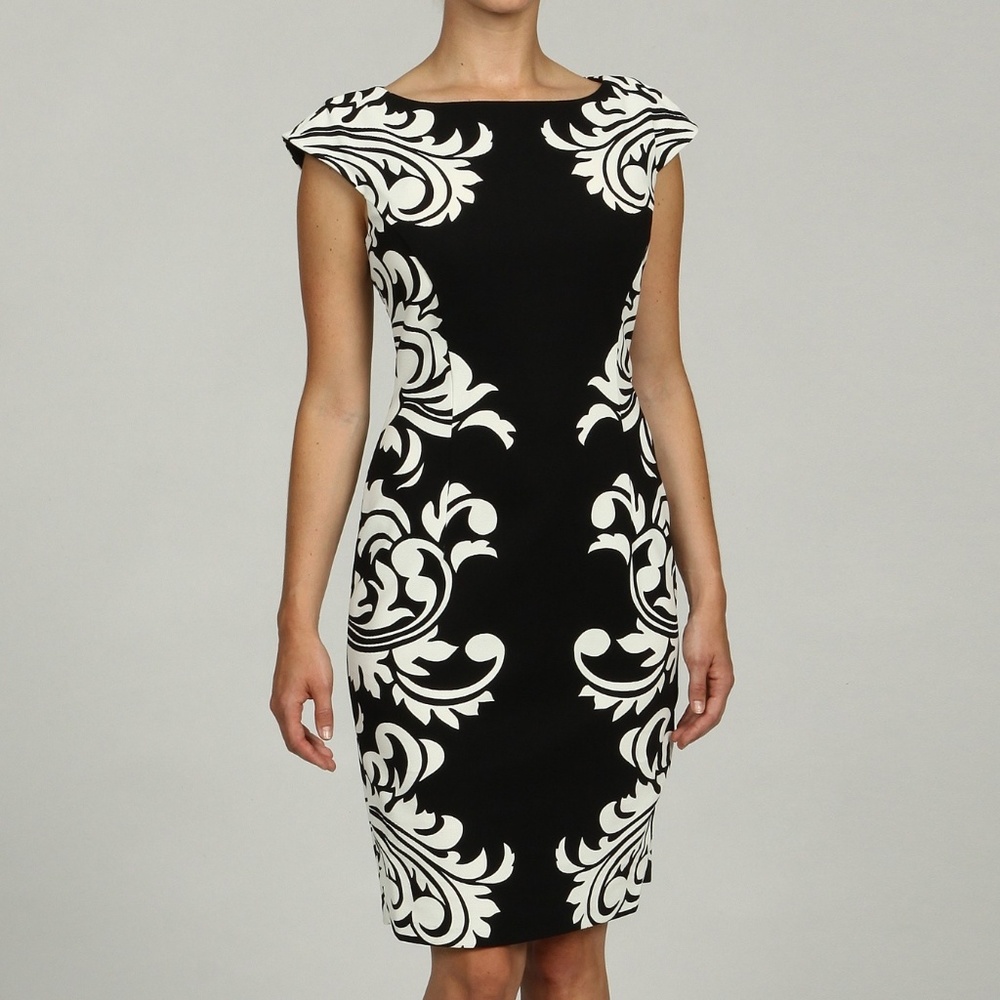 London Times Black Ivory Cap Sleeved Print Dress 4